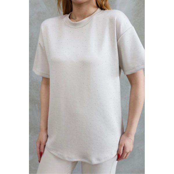 Osy Modal Yumuşak Dokulu Kumaş Bisiklet Yaka Taş Detaylı Kısa Kollu Takım - Kırık Beyaz