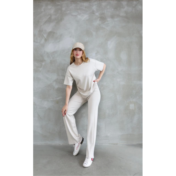 Osy Modal Yumuşak Dokulu Kumaş Bisiklet Yaka Taş Detaylı Kısa Kollu Takım - Kırık Beyaz
