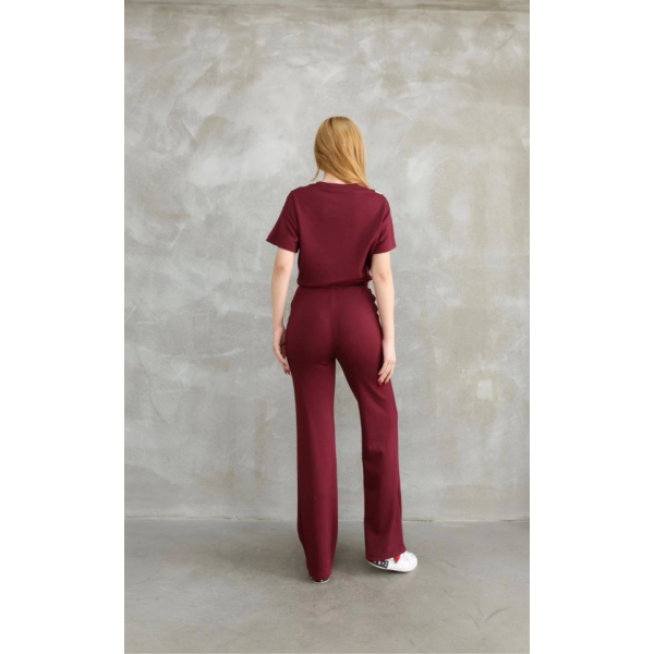 Osy Modal Yumuşak Dokulu Kumaş Bisiklet Yaka Parçalı Detaylı Kısa Kollu Takım - Bordo