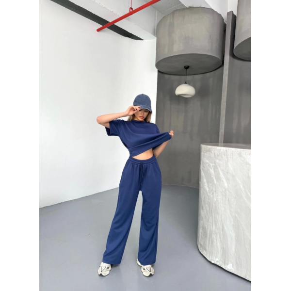 Osy Modal Yumuşak Dokulu Kumaş Kısa Kollu Bluz Rahat Pantalon Ikili Takım- Lacivert