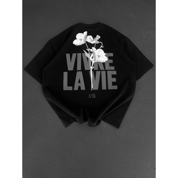 Baskılı Oversize Bisiklet Yaka T-shirt - Siyah