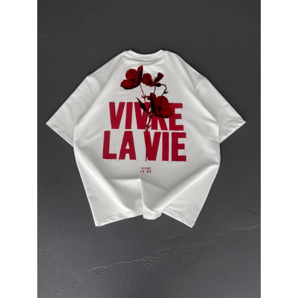 Baskılı Oversize Bisiklet Yaka T-shirt - Beyaz