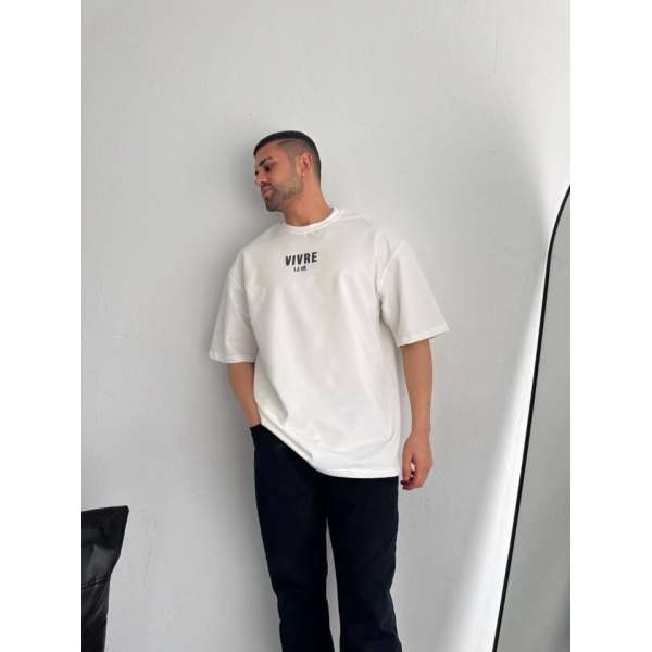 Baskılı Oversize Bisiklet Yaka T-shirt - Beyaz