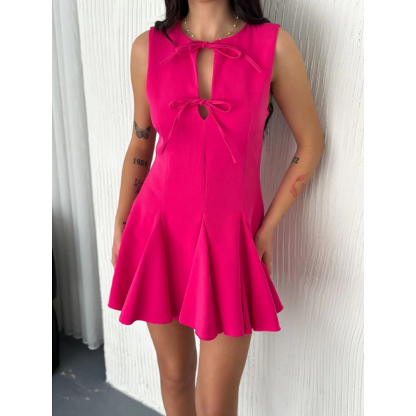 Göğüs Bağlamalı Kolsuz Mini Boy Elbise - Pembe