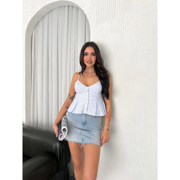 Askılı Dekolte Deraylı Crop - Açık Mavi