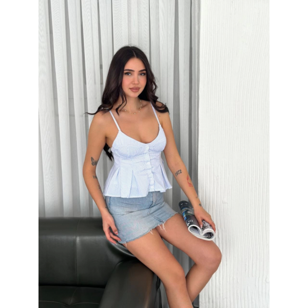 Askılı Dekolte Deraylı Crop - Açık Mavi