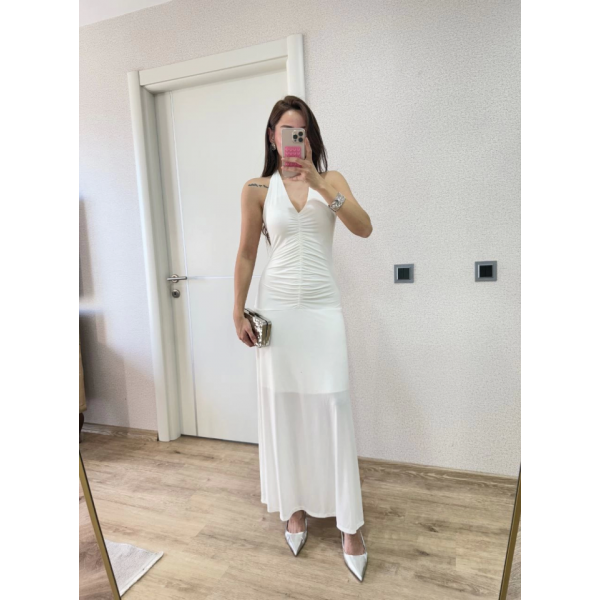 Sırt Dekolteli Uzun Kollu Elbise - Beyaz