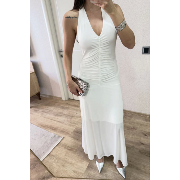 Sırt Dekolteli Uzun Kollu Elbise - Beyaz