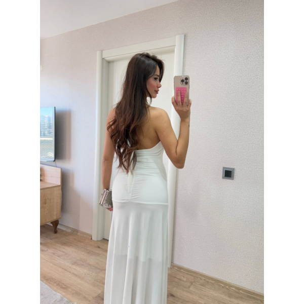 Sırt Dekolteli Uzun Kollu Elbise - Beyaz