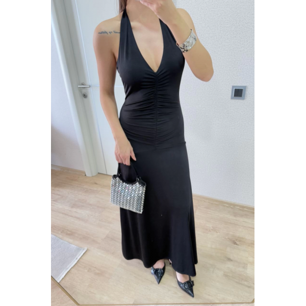 Sırt Dekolteli Uzun Kollu Elbise - Siyah