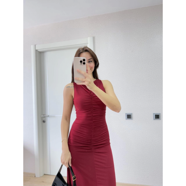 Kolsuz Büzgülü Uzun Elbise - Kırmızı