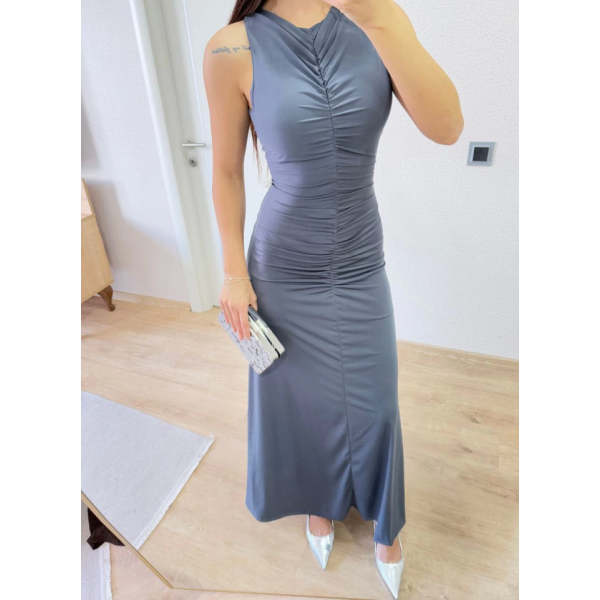 Kolsuz Büzgülü Uzun Elbise - Füme