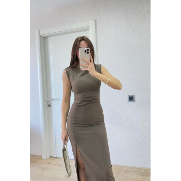 Yırtmaç Detaylı Kolsuz Elbise - Antrasit