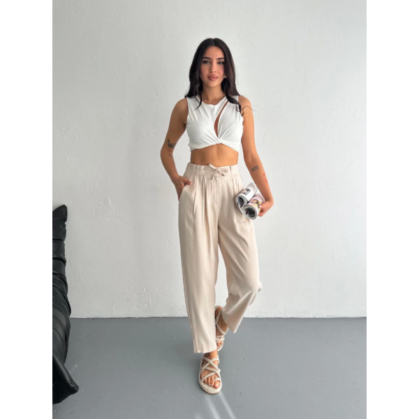 Yüksel Bel Rahat Paça Pantalon - Kırık Beyaz
