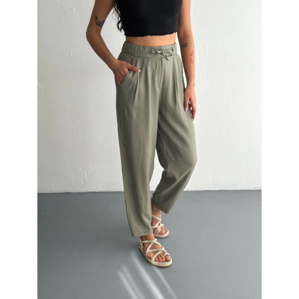 Yüksel Bel Rahat Paça Pantalon - Su Yeşili