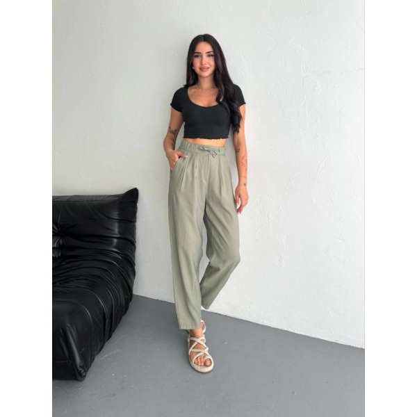 Yüksel Bel Rahat Paça Pantalon - Su Yeşili
