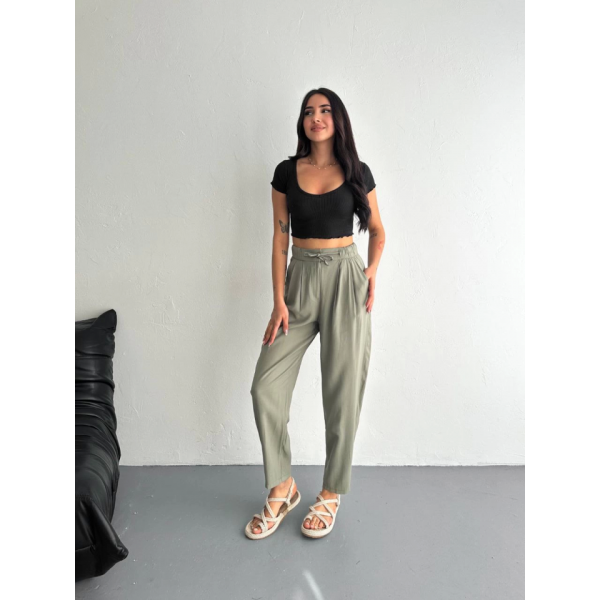 Yüksel Bel Rahat Paça Pantalon - Su Yeşili