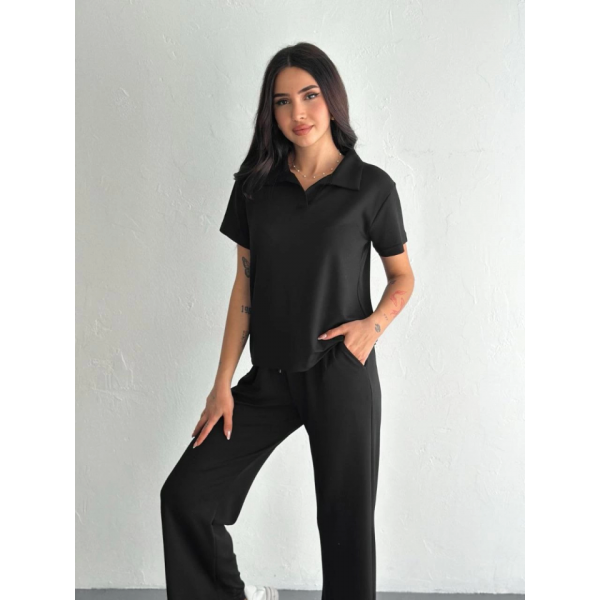 Osy Modal Yumuşak Dokulu Kumaş Kısa Kollu Yakalı T-shirt Pantalon Ikili Takım- Siyah