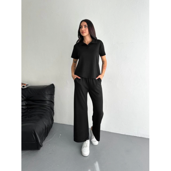 Osy Modal Yumuşak Dokulu Kumaş Kısa Kollu Yakalı T-shirt Pantalon Ikili Takım- Siyah