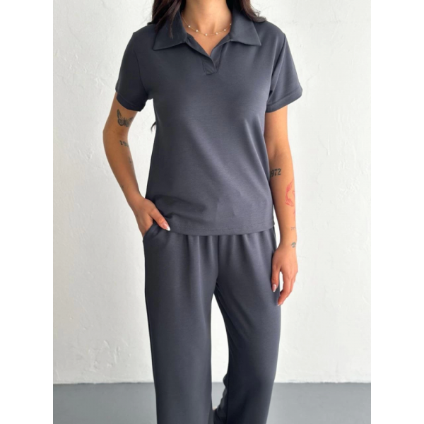 Osy Modal Yumuşak Dokulu Kumaş Kısa Kollu Yakalı T-shirt Pantalon Ikili Takım- Antrasit