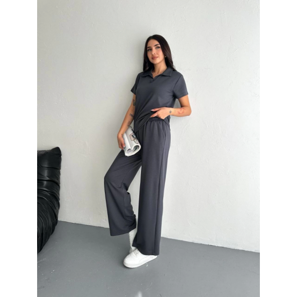 Osy Modal Yumuşak Dokulu Kumaş Kısa Kollu Yakalı T-shirt Pantalon Ikili Takım- Antrasit