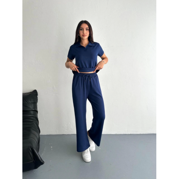 Osy Modal Yumuşak Dokulu Kumaş Kısa Kollu Yakalı T-shirt Pantalon Ikili Takım- Lacivert
