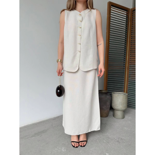 Keten Kolsuz Hırka Etek Ikili Takım- Beyaz