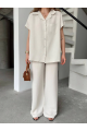 Keten Kısa Kollu Cepli Gömlek Pantolon Ikili Takım - Beyaz