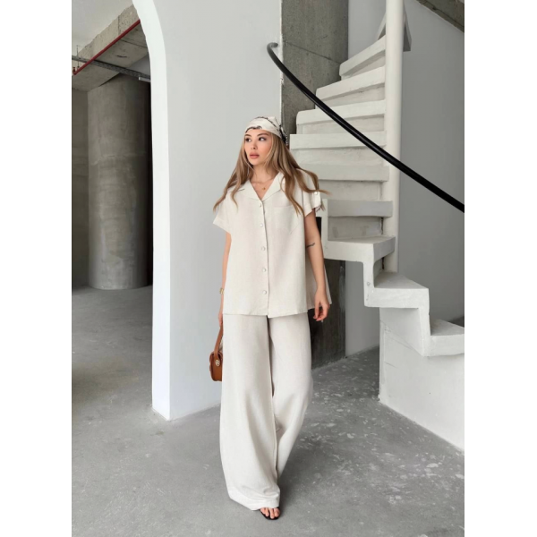 Keten Kısa Kollu Cepli Gömlek Pantolon Ikili Takım - Beyaz