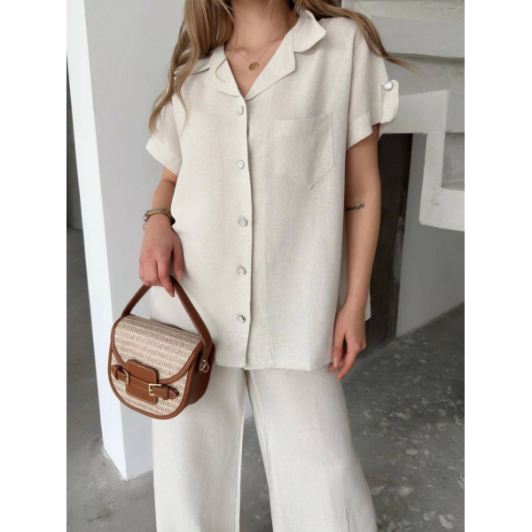 Keten Kısa Kollu Cepli Gömlek Pantolon Ikili Takım - Beyaz