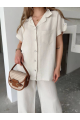 Keten Kısa Kollu Cepli Gömlek Pantolon Ikili Takım - Beyaz