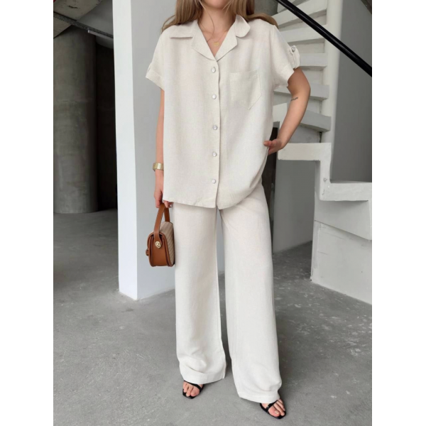 Keten Kısa Kollu Cepli Gömlek Pantolon Ikili Takım - Beyaz