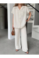 Keten Kısa Kollu Cepli Gömlek Pantolon Ikili Takım - Beyaz