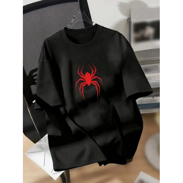 Baskılı Oversize Bisiklet Yaka T-shirt - Siyah