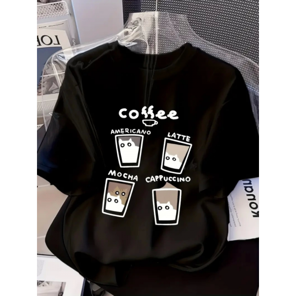 Baskılı Oversize Bisiklet Yaka T-shirt - Siyah