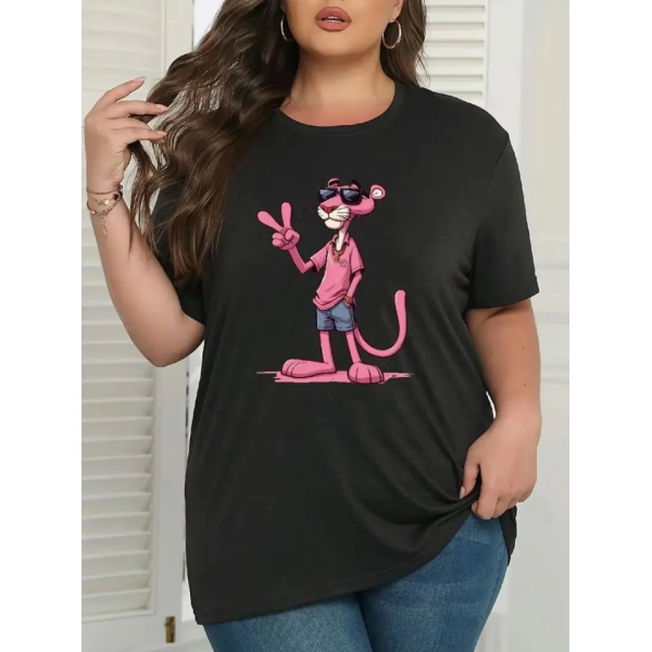 Pembe Panter Baskılı Oversize Bisiklet Yaka T-shirt - Beyaz