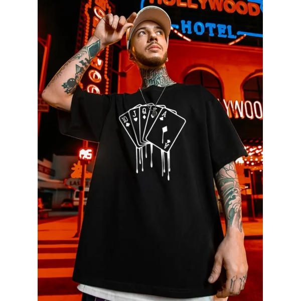 Erkek Büyük Beden Kart Baskılı Düz Renk Kısa Kollu Bisiklet Yaka Tişört Gündelik Giyim - Siyah