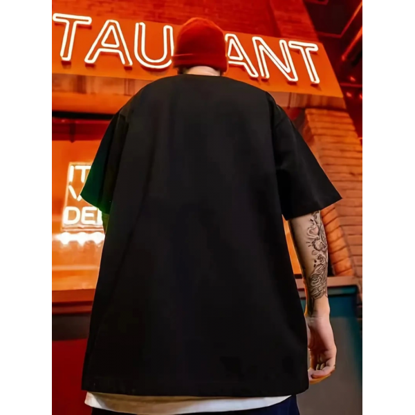 Erkek Büyük Beden Kart Baskılı Düz Renk Kısa Kollu Bisiklet Yaka Tişört Gündelik Giyim - Siyah