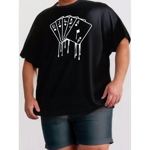 Erkek Büyük Beden Kart Baskılı Düz Renk Kısa Kollu Bisiklet Yaka Tişört Gündelik Giyim - Siyah