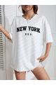 New York Baskılı Oversize Bisiklet Yaka T-shirt - Beyaz