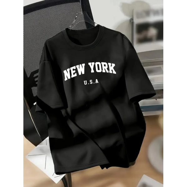 New York Baskılı Oversize Bisiklet Yaka T-shirt - Siyah