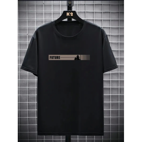 Baskılı Oversize Bisiklet Yaka T-shirt - Siyah