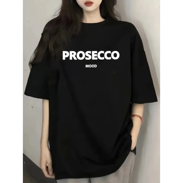 Baskılı Oversize Bisiklet Yaka T-shirt - Siyah