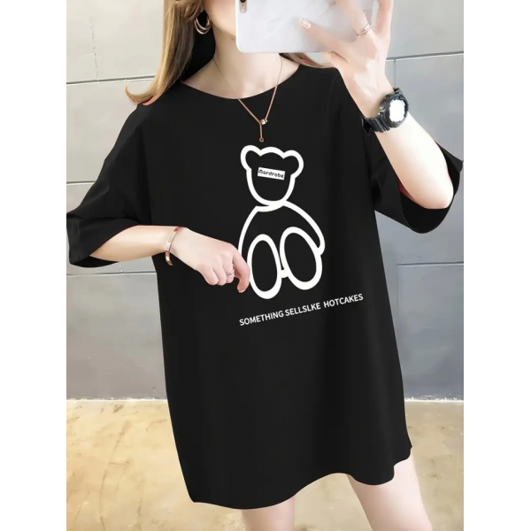 Baskılı Oversize Bisiklet Yaka T-shirt - Siyah