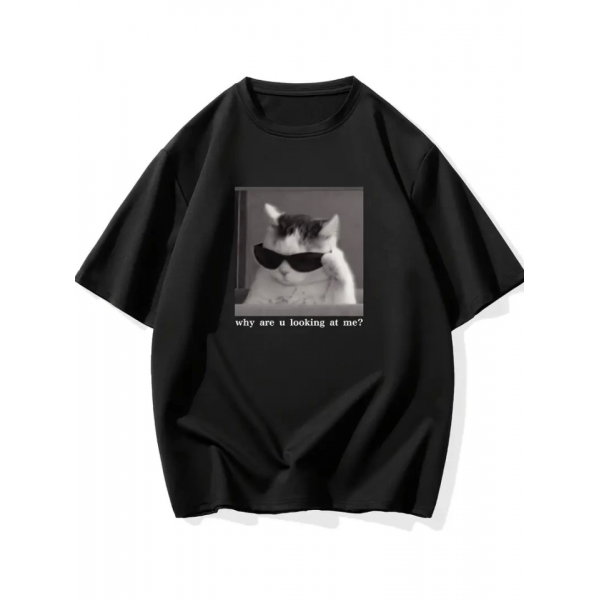 Baskılı Oversize Bisiklet Yaka T-shirt - Siyah