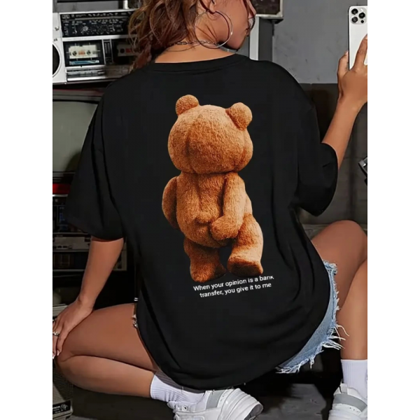 Baskılı Oversize Bisiklet Yaka T-shirt - Siyah