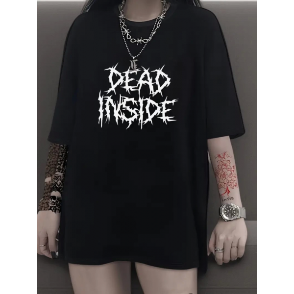 Baskılı Oversize Bisiklet Yaka T-shirt - Siyah
