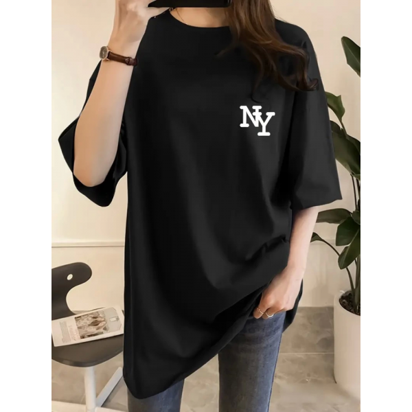 Baskılı Oversize Bisiklet Yaka T-shirt - Siyah
