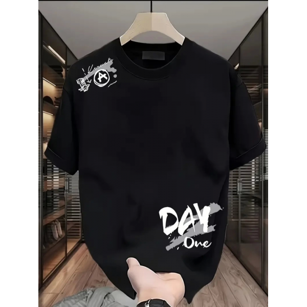 Baskılı Oversize Bisiklet Yaka T-shirt - Siyah