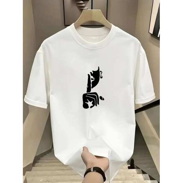 Rahat Bisiklet Yaka Tişört, Yaratıcı Karikatür Baskı - Yumuşak Polyester, Her Mevsim Giyilebilir- Beyaz